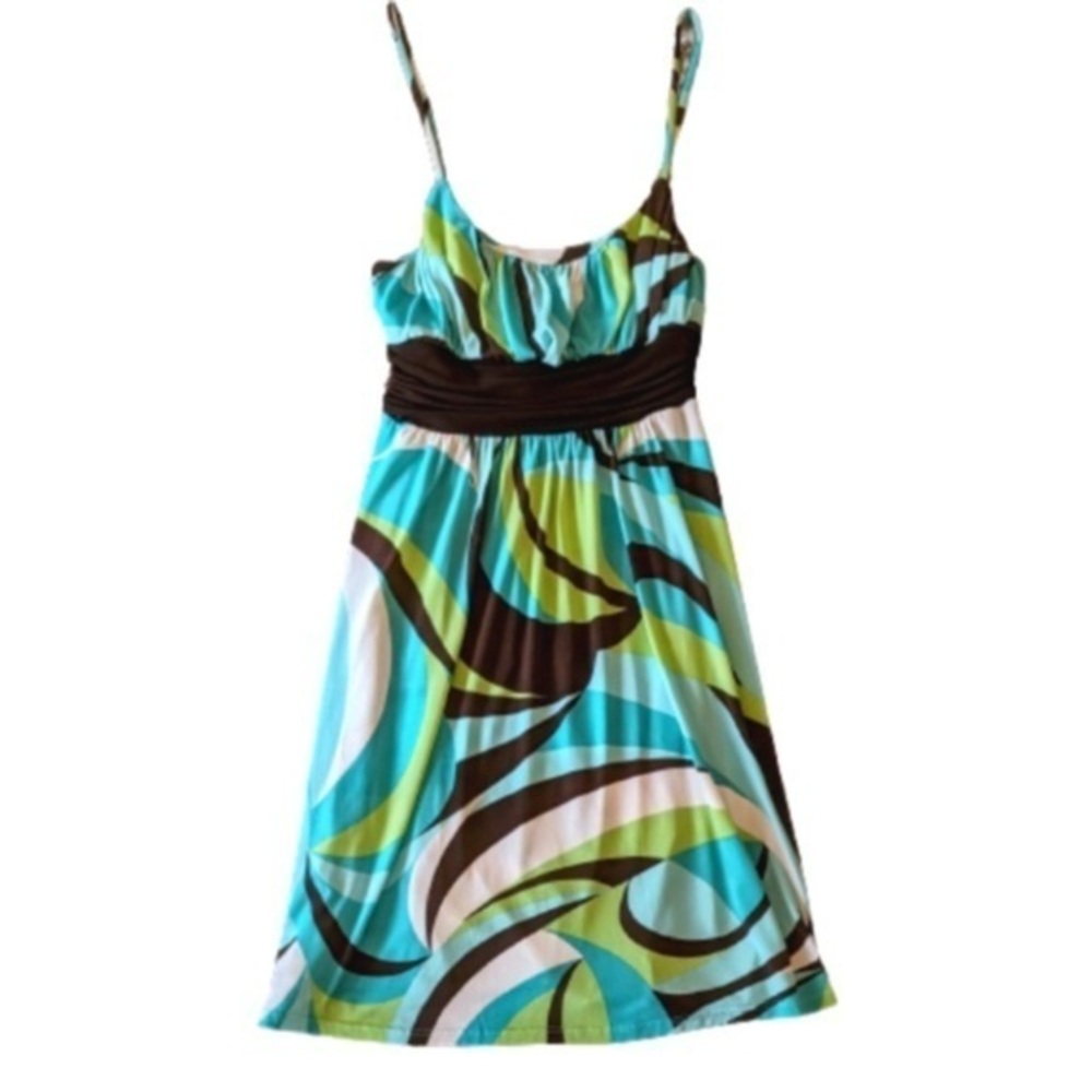My Michelle Turquoise Lime & Brown Groovy Print Spaghetti Strap Summer Dress M